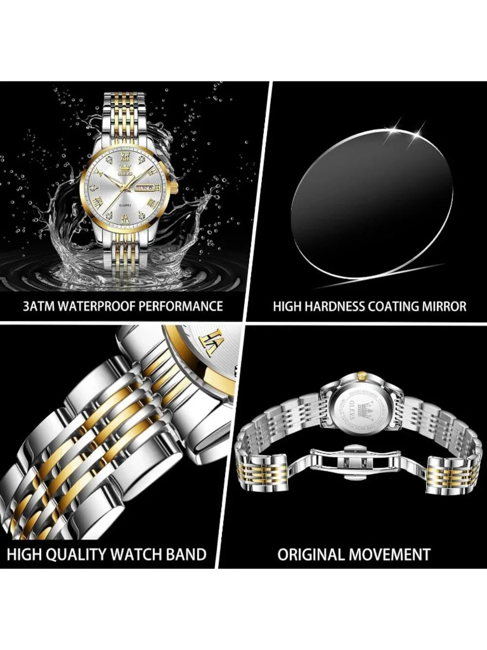 Women's Gold and Silver Analog Quartz Waterproof Stainless Steel Band Watch